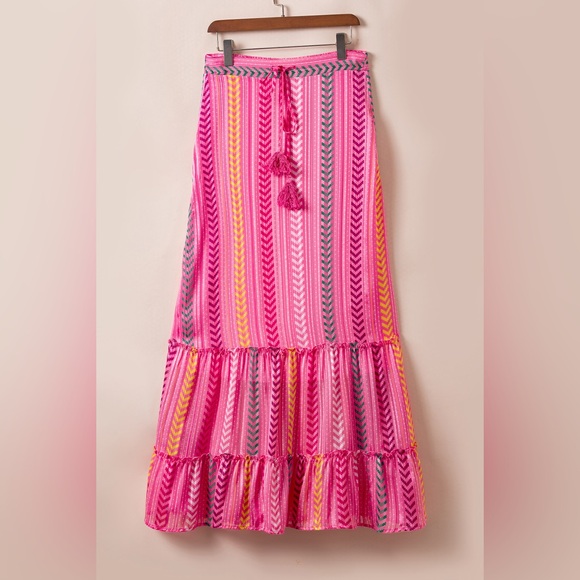 Pink Boho Printed Tasseled Drawstring Ruffled Maxi Skirt - Picture 4 of 10